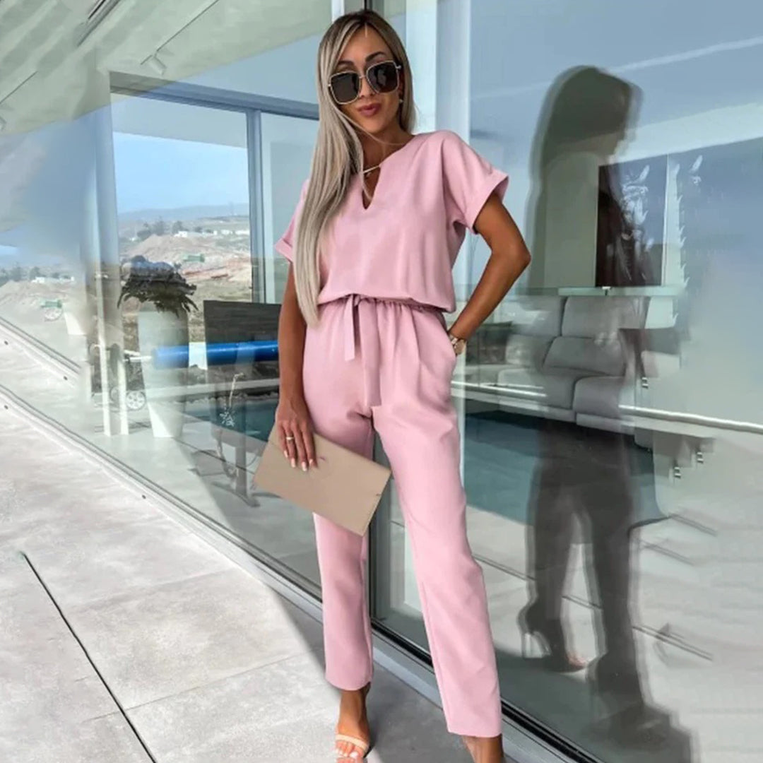 Women's elegant short sleeve jumpsuit with elastic waist, comfortable cotton-blend fit for day to night