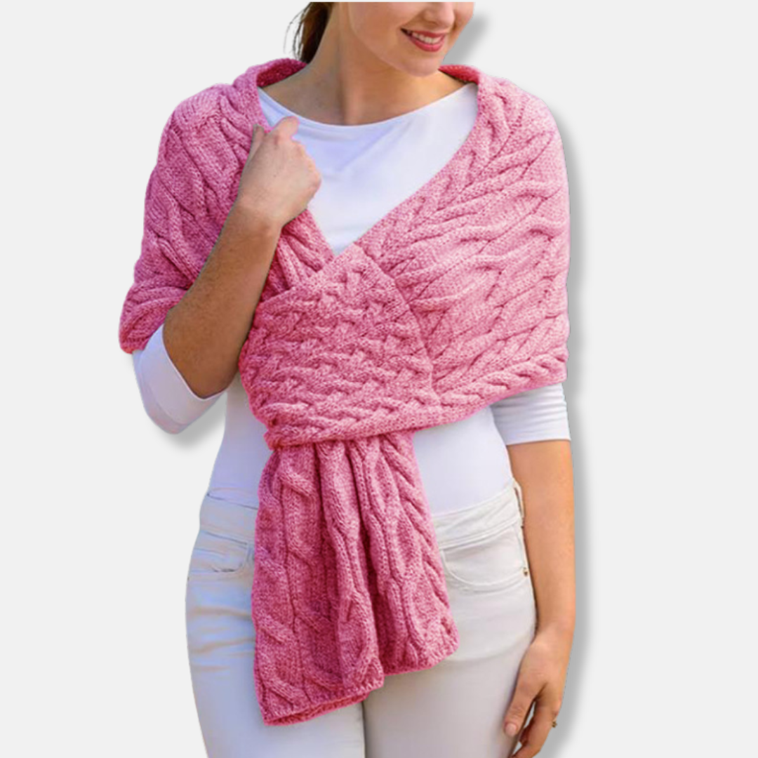 Women's long wool shawl scarf in cable knit pattern with draped silhouette for elegant coverage