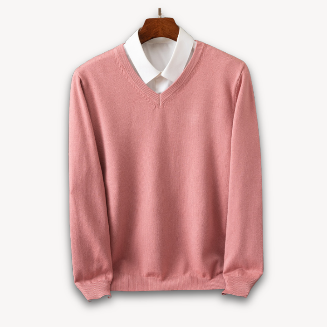 Men's navy slim fit V-neck sweater in soft knit with ribbed edges for versatile layering