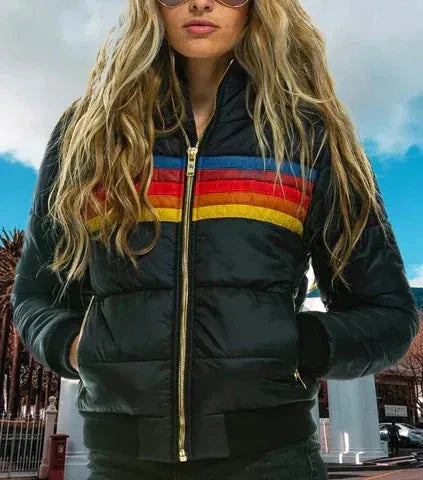 Piper color block puffer jacket in vibrant retro stripes with warm quilted insulation and elastic cuffs