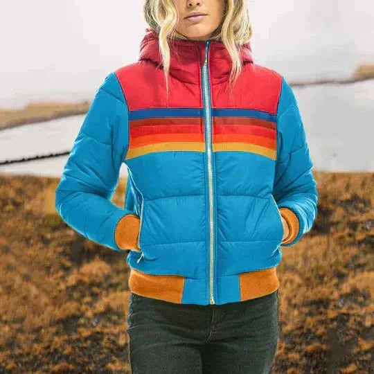 Piper color block puffer jacket in vibrant retro stripes with quilted insulation and full-zip closure