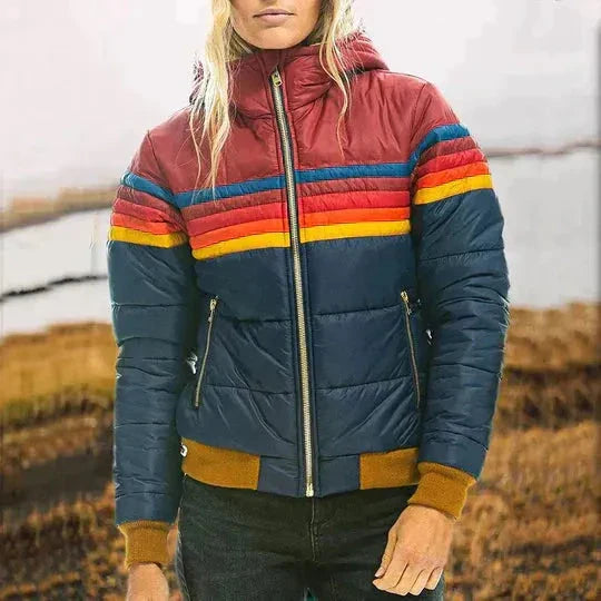 Piper color block puffer jacket in vibrant retro stripes with warm quilted insulation and full-zip closure