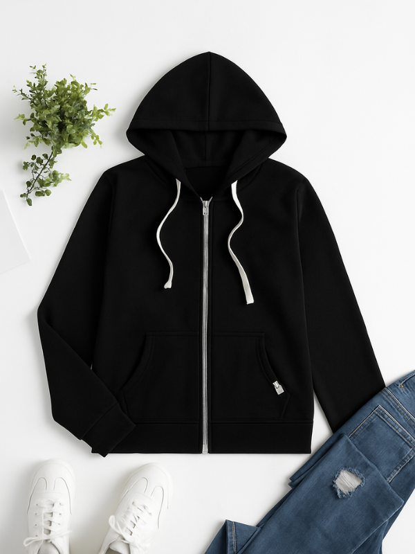 Women's classic zip-up hoodie in cozy winter style with roomy hood for effortless casual warmth