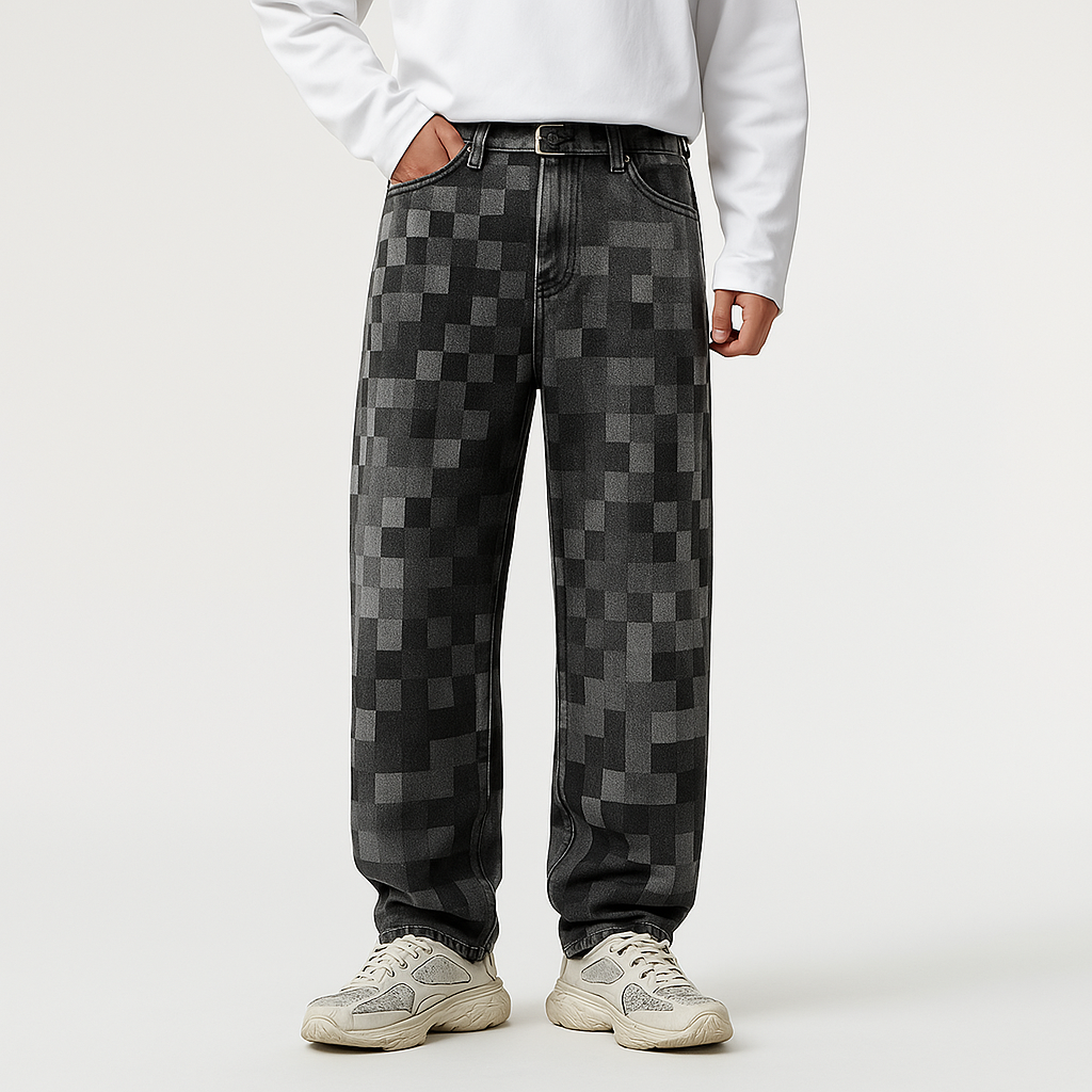 Blue relaxed straight-leg denim jeans with bold pixelated mosaic fade graphic wash