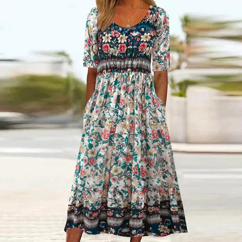Women's boho maxi dress floral print relaxed fit short sleeves with pockets everyday comfort