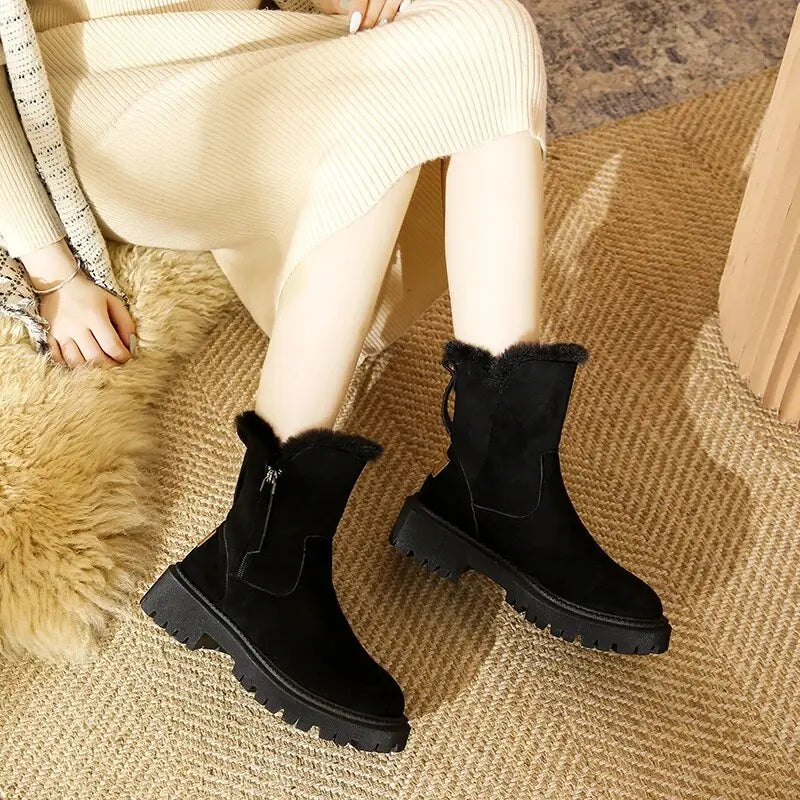 Women's plush platform snow boots, cozy winter style with non-slip sole and back zipper