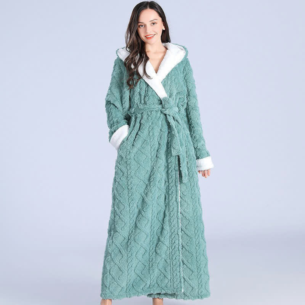 Isla white hooded fleece bathrobe with belted waist and plush contrast trim for cozy loungewear