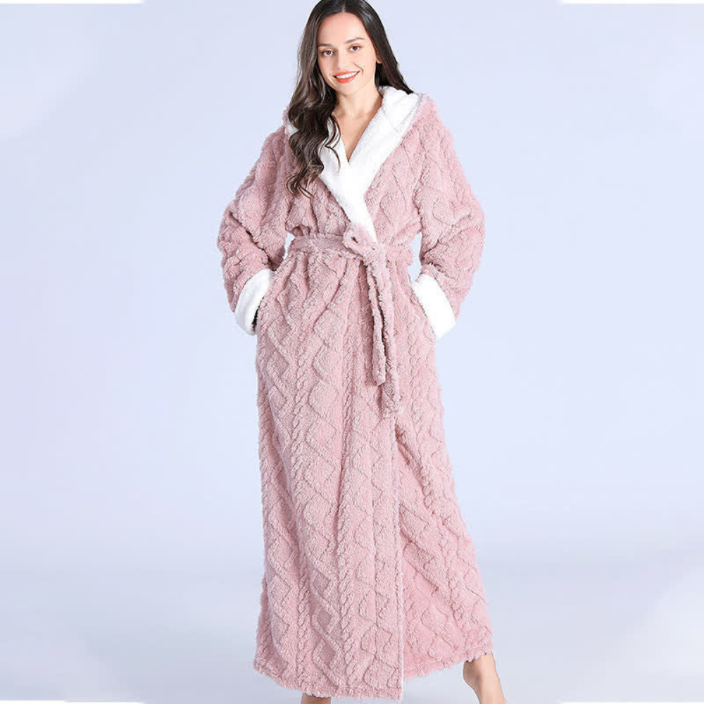 Isla hooded fleece bathrobe with belted waist and plush contrast trim for cozy loungewear