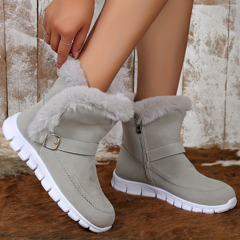 Women's plush snow boots with thick fur lining, side zipper, flat sole, cozy winter style
