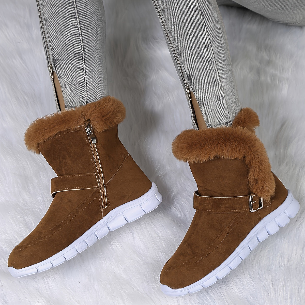 Women's plush snow boots with thick fur lining, flat sole, and side zipper for winter warmth