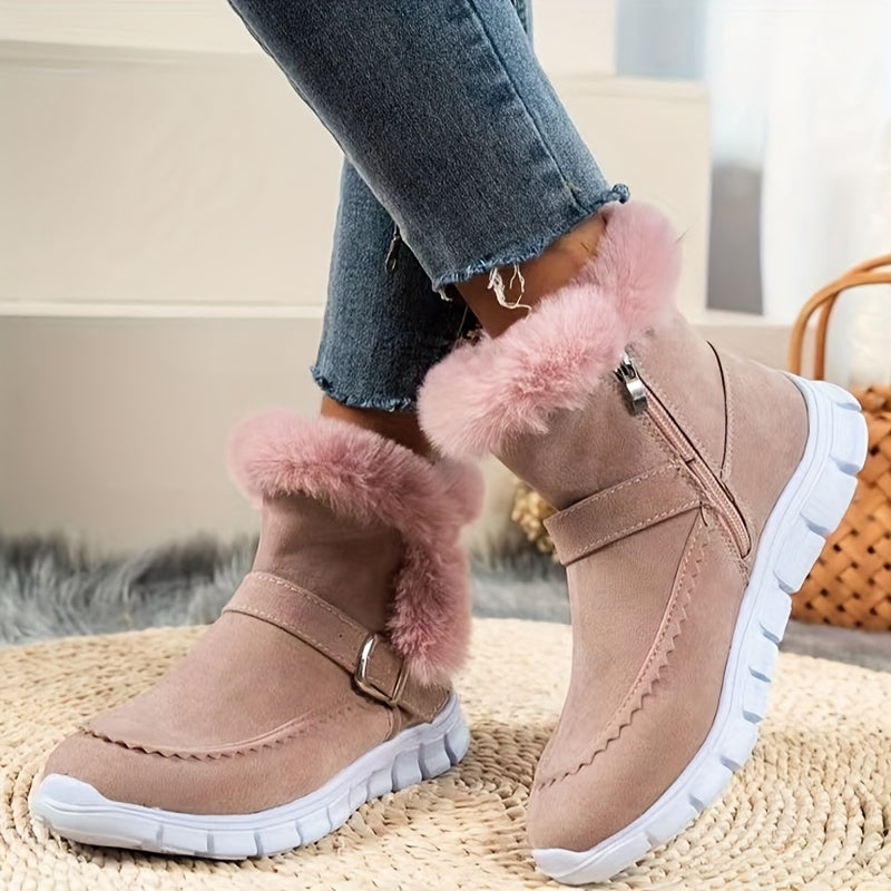 Women's plush snow boots with thick fur lining, flat sole, side zipper, cozy winter style