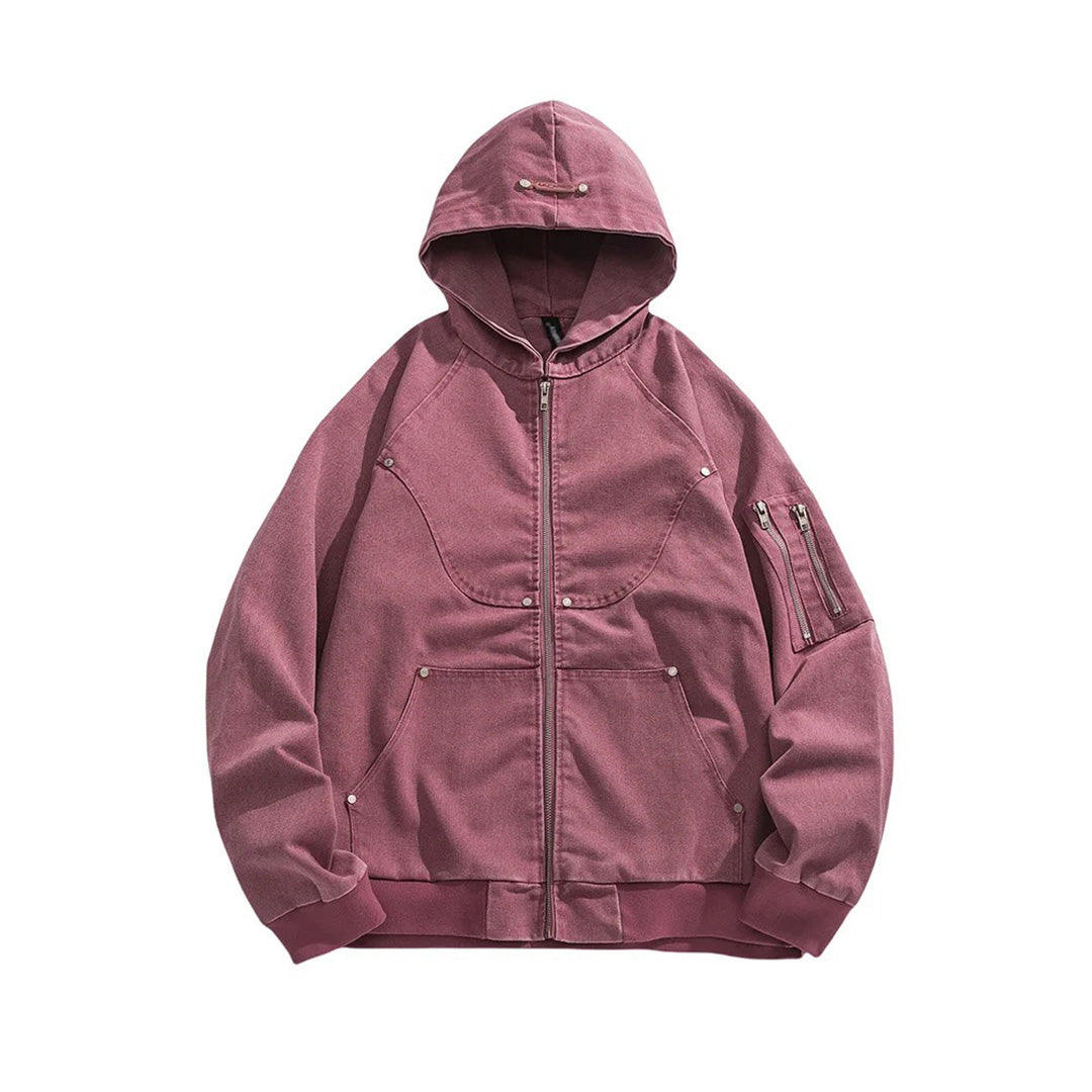 Blue denim hooded jacket loose fit heavyweight cotton with metal rivet accents and zipper sleeve pockets