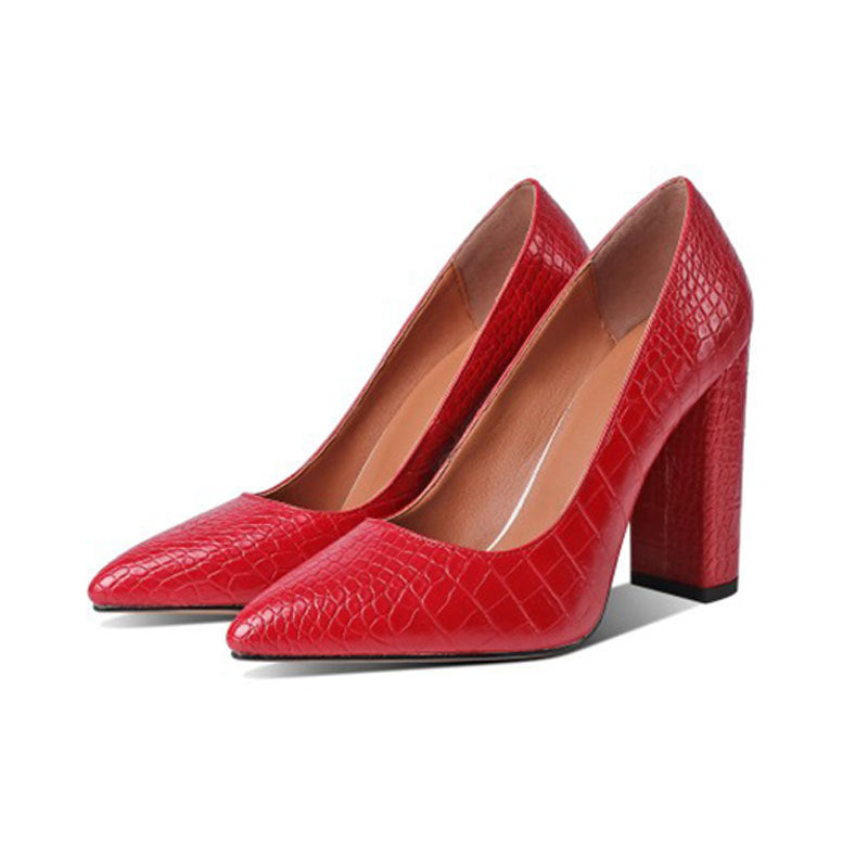 Women's black crocodile-embossed pointed-toe block heel pumps with 8cm stiletto elegant design