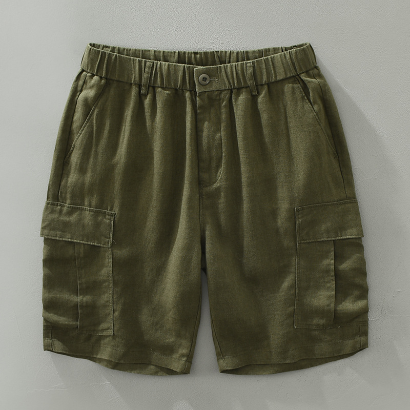 Men's beige linen cargo shorts relaxed coastal fit with spacious side pockets and elastic waistband