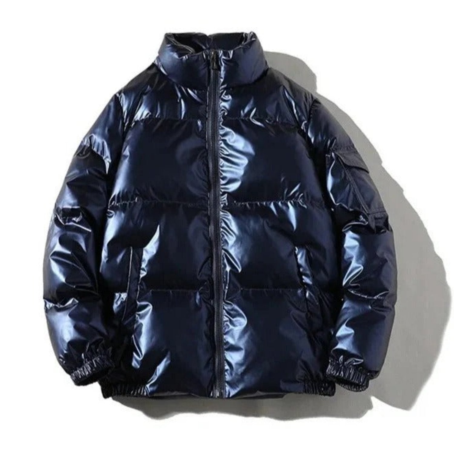 Men's glossy black puffer jacket shiny finish urban streetwear style warm winter coat classic fit
