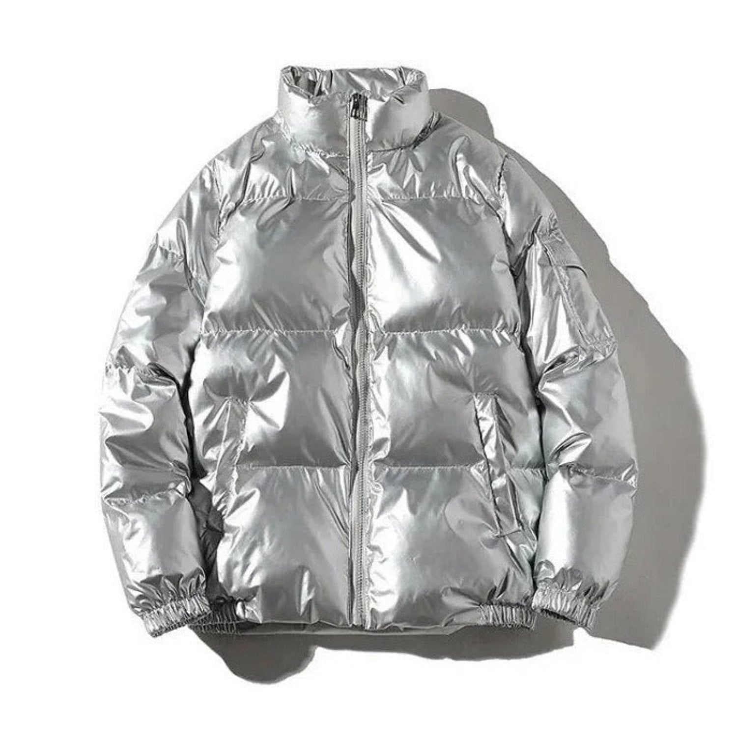 Men's glossy shiny puffer jacket black urban streetwear classic fit bold reflective winter coat