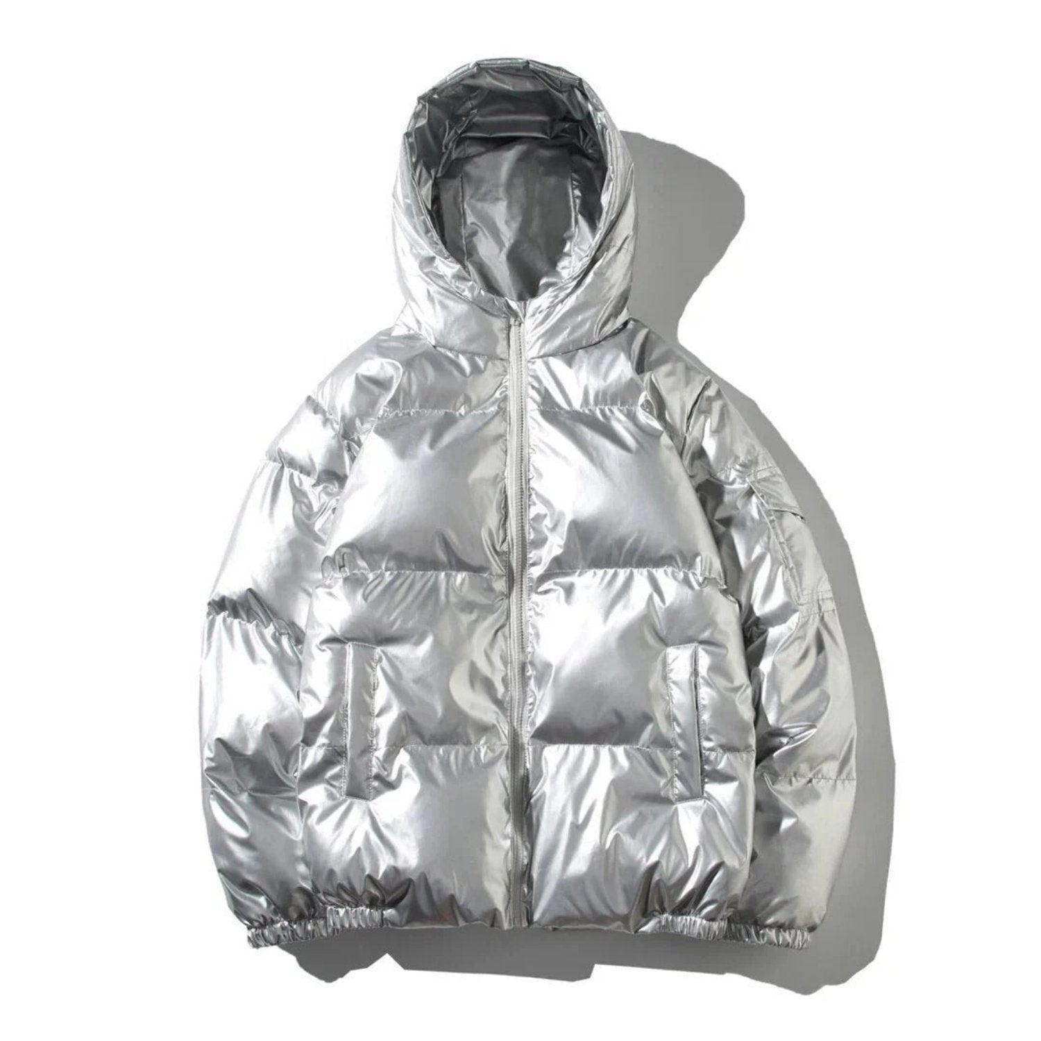 Men's glossy black puffer jacket shiny finish urban streetwear quilted winter coat cold weather