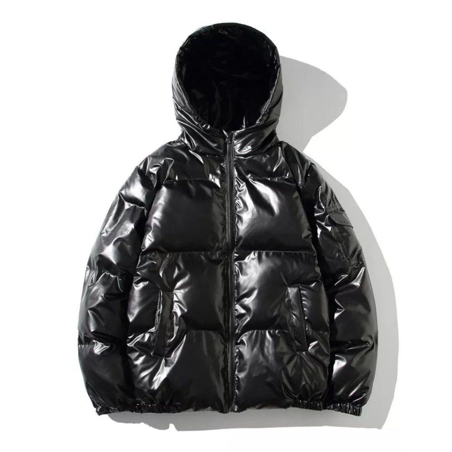 Men's glossy shiny puffer jacket black urban streetwear style warm classic winter coat bold finish