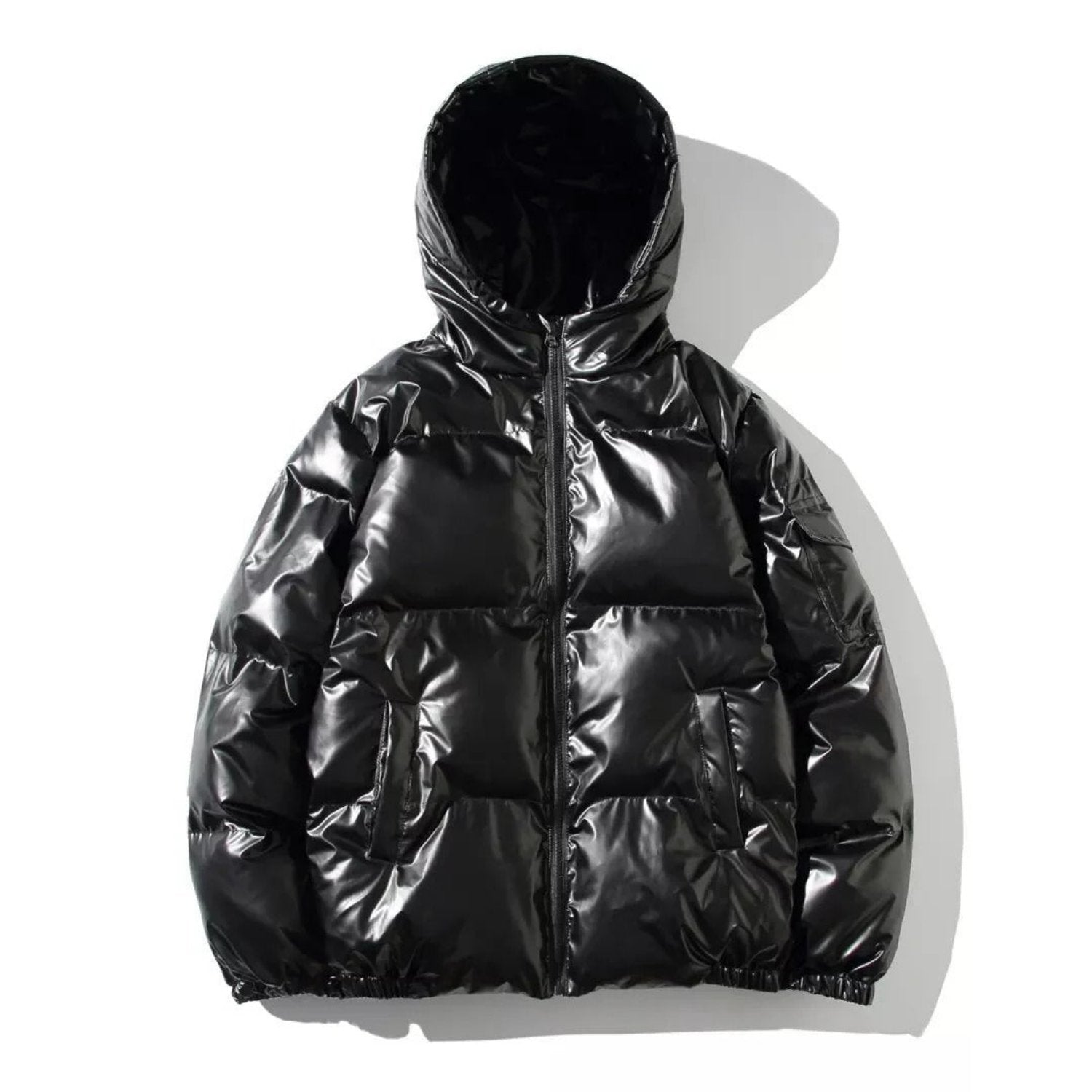 Men's glossy shiny puffer jacket black urban streetwear style warm classic winter coat bold finish