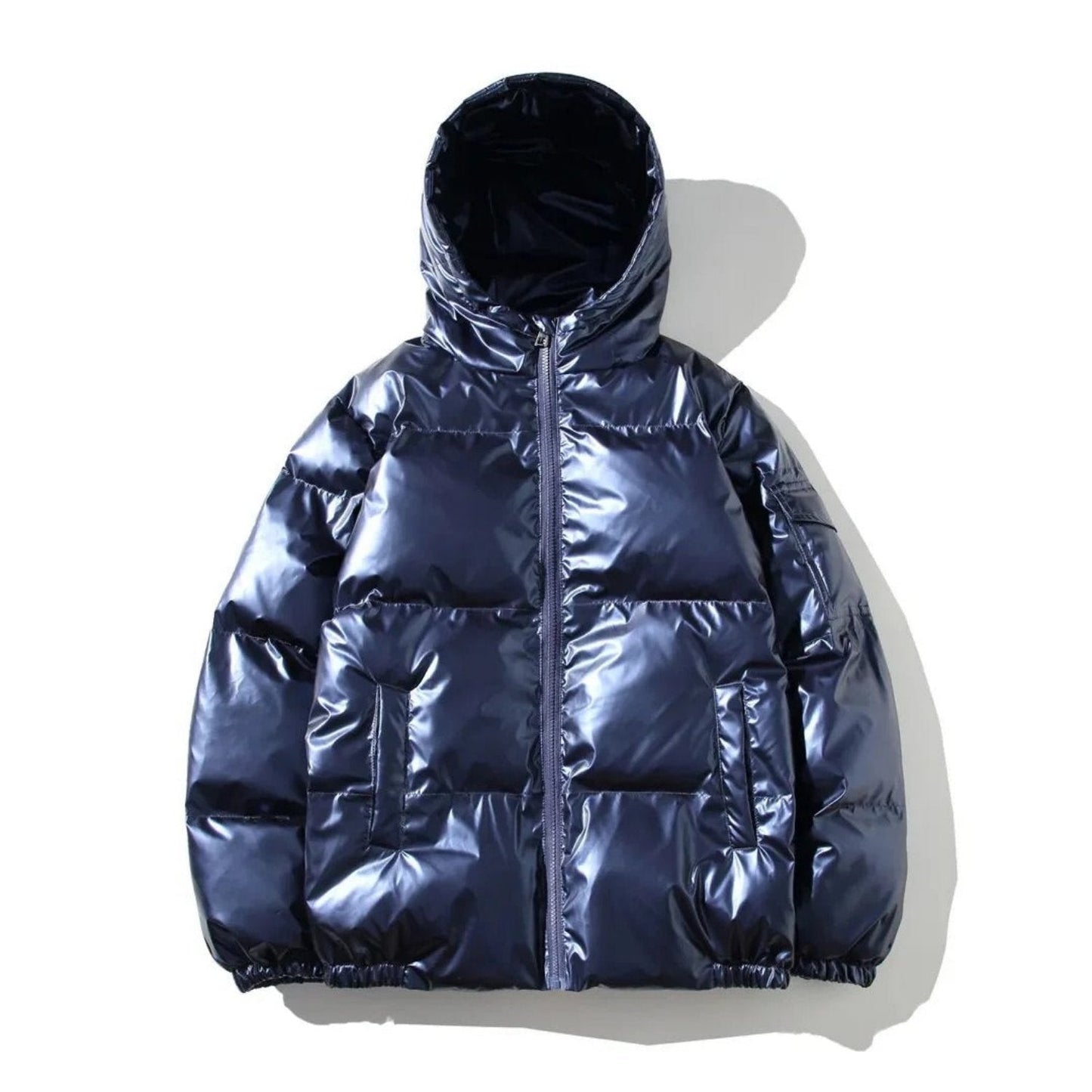 Men's glossy black puffer jacket shiny finish urban streetwear style warm classic winter coat