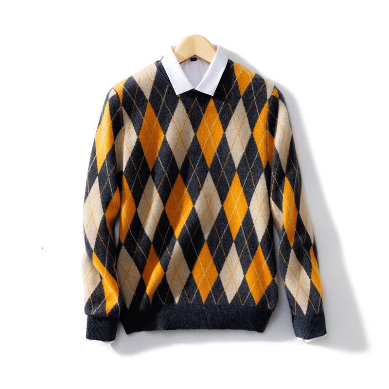 Larkin cream merino wool argyle pullover with vintage diamond knit pattern and ribbed crew neckline