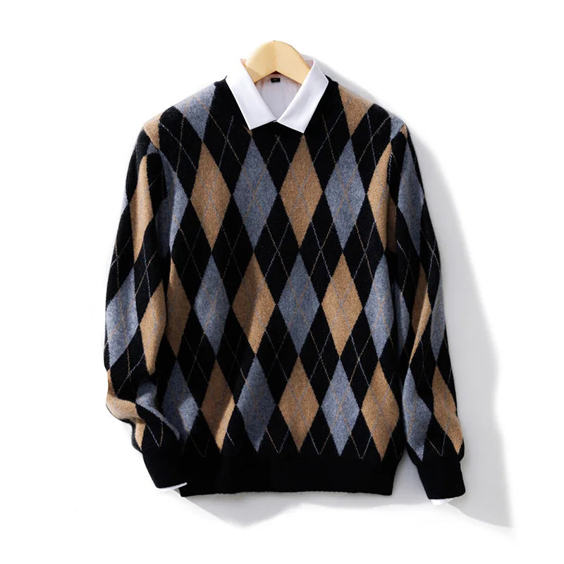 Larkin cream merino wool argyle pullover with vintage diamond knit pattern and ribbed crew neckline