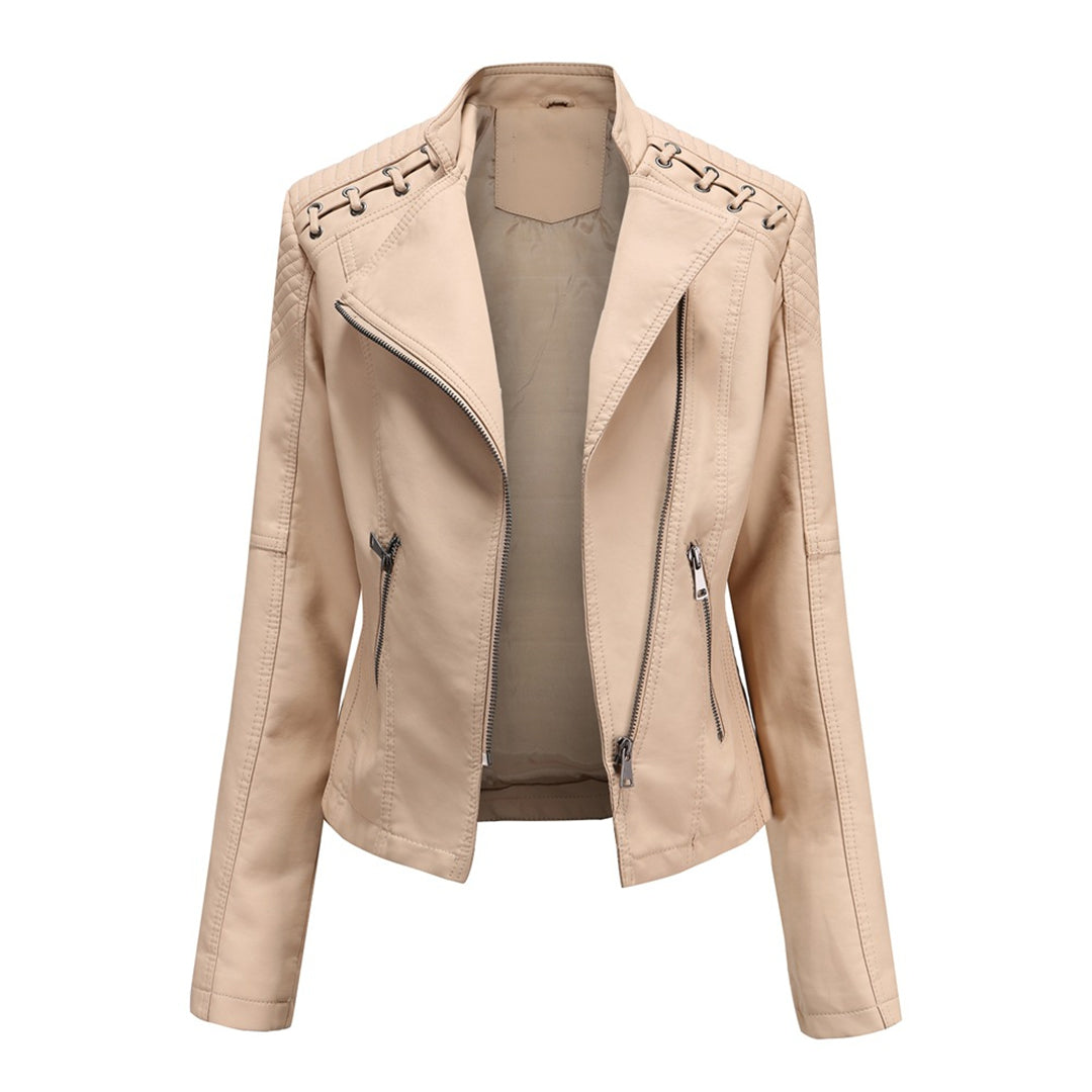 Women's black leather-look zipper front jacket with bold shoulder detailing for edgy street style
