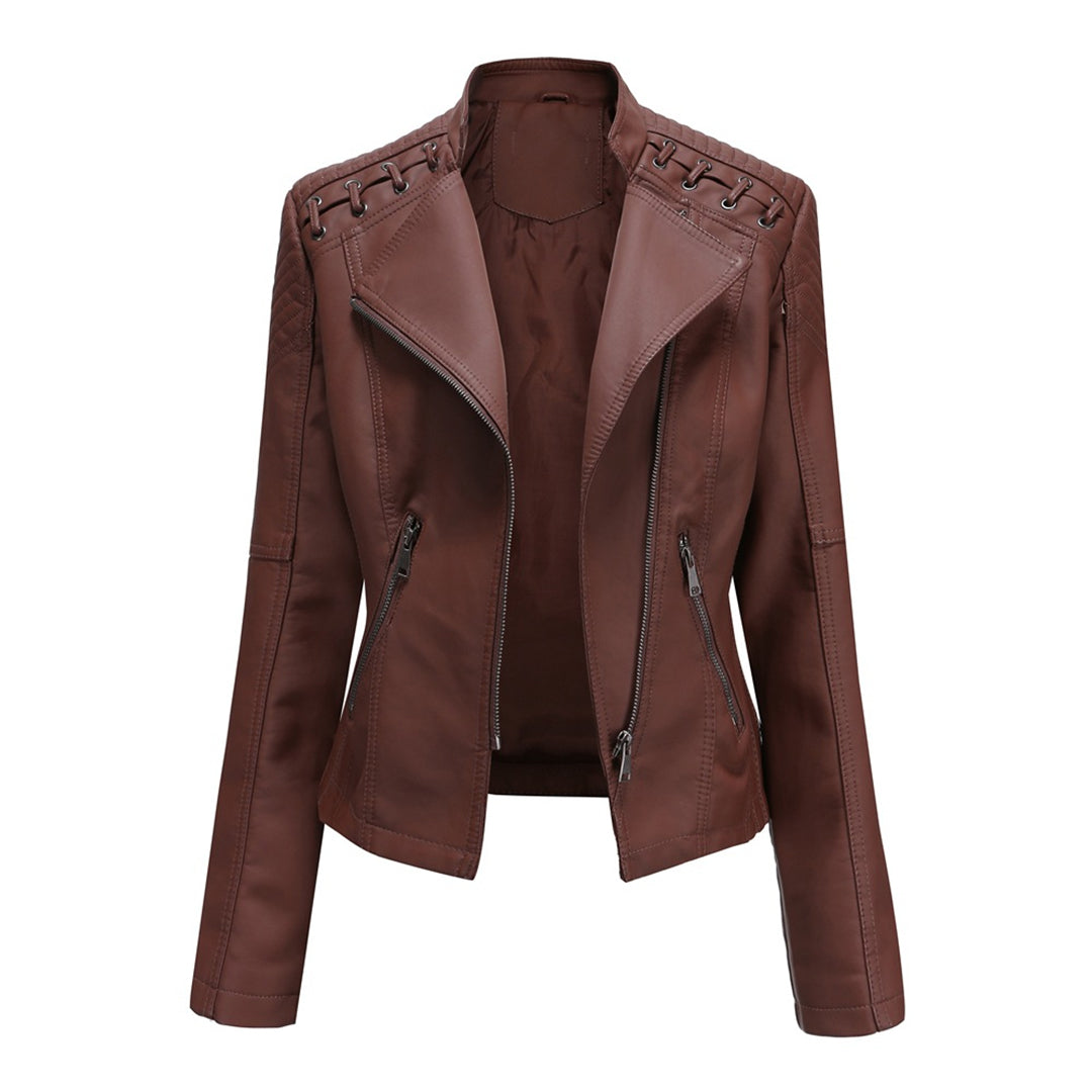 Women's black faux leather zip-front jacket with bold shoulder detailing for an edgy, fashion-forward look