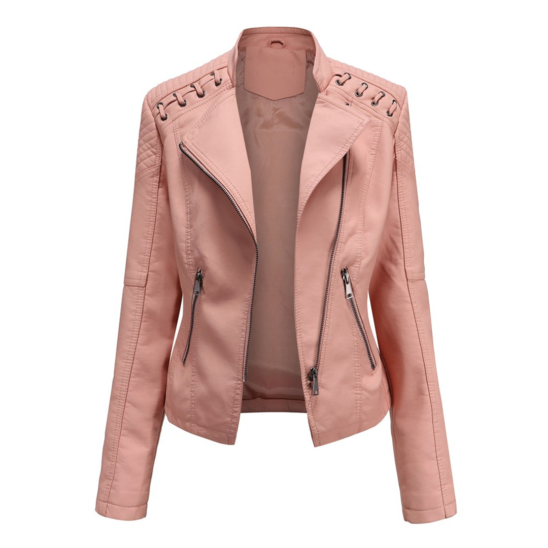Women's black edgy leather-look zipper front jacket with bold shoulder detailing by Wavlynn