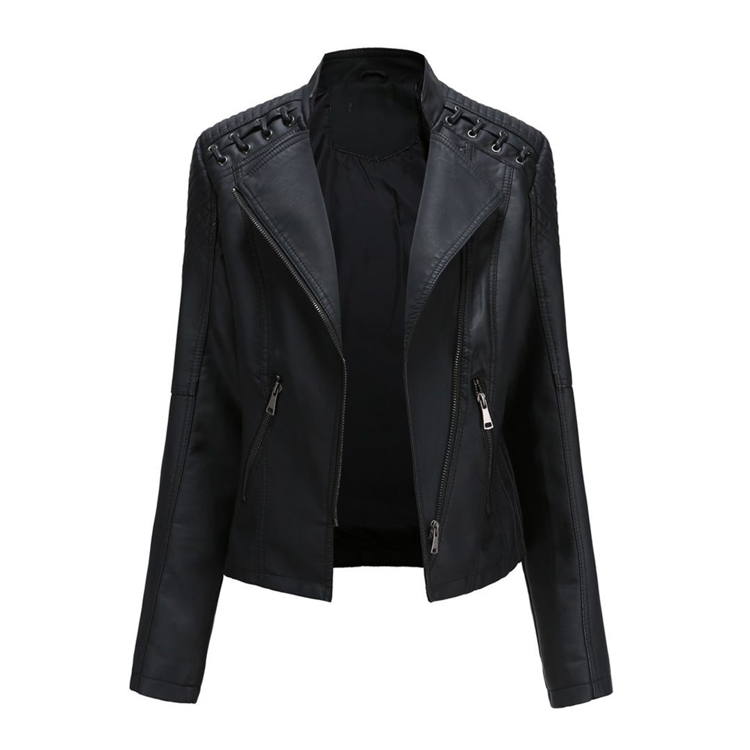 Women's black faux leather zipper front jacket with edgy shoulder detailing by Wavlynn Jasmine