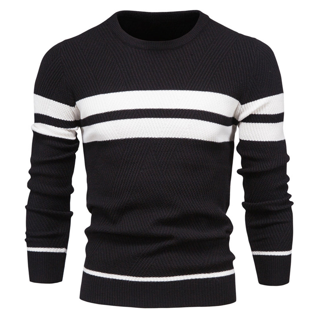 Men's slim fit crew neck knit sweater with ribbed texture and subtle white stripe detail