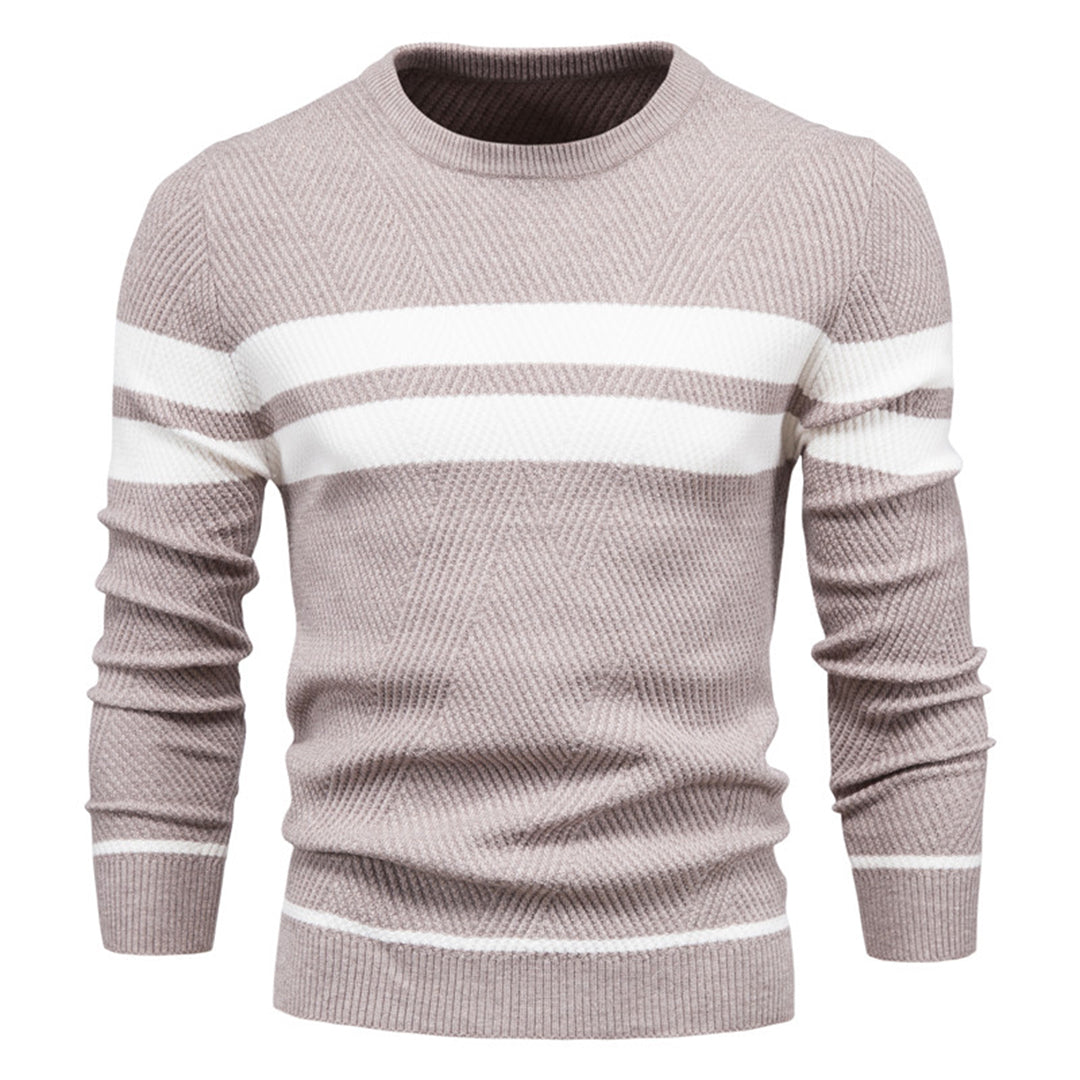 Men's slim fit crew neck knit sweater ribbed texture subtle white stripe detail modern casual style