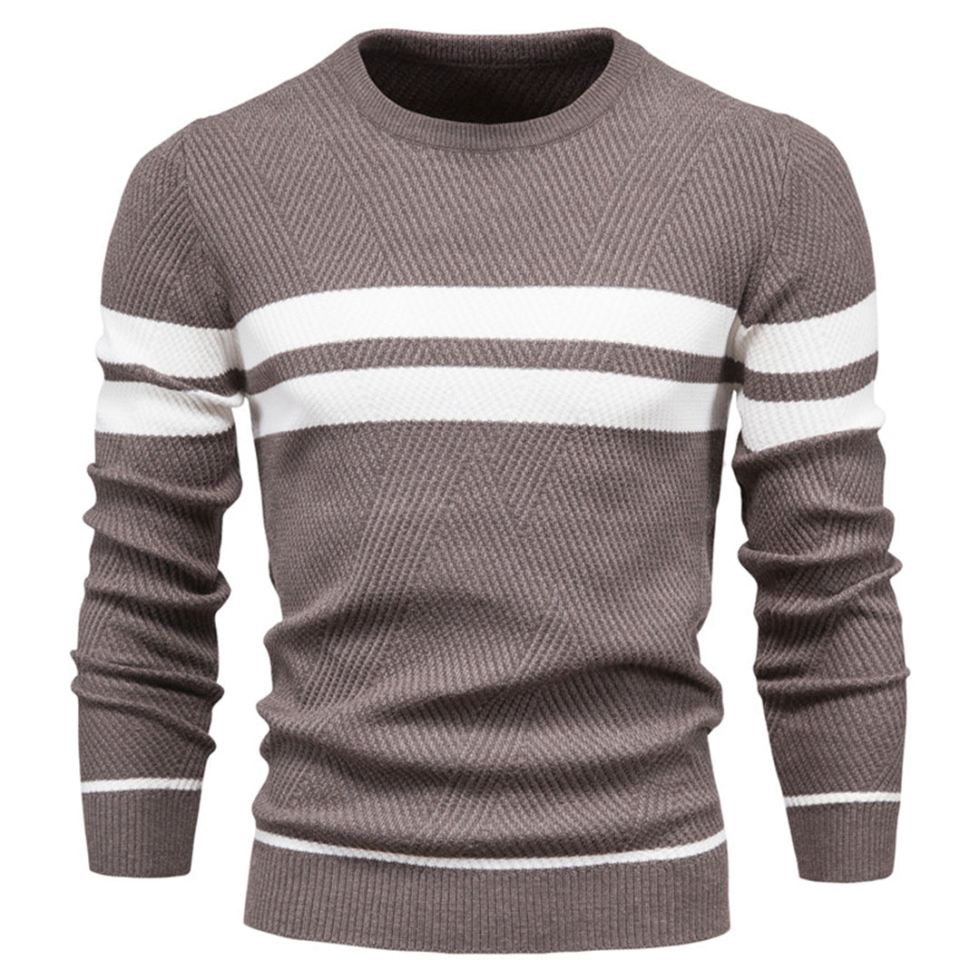 Men's slim fit crew neck knit sweater ribbed texture subtle white stripe detail modern casual style