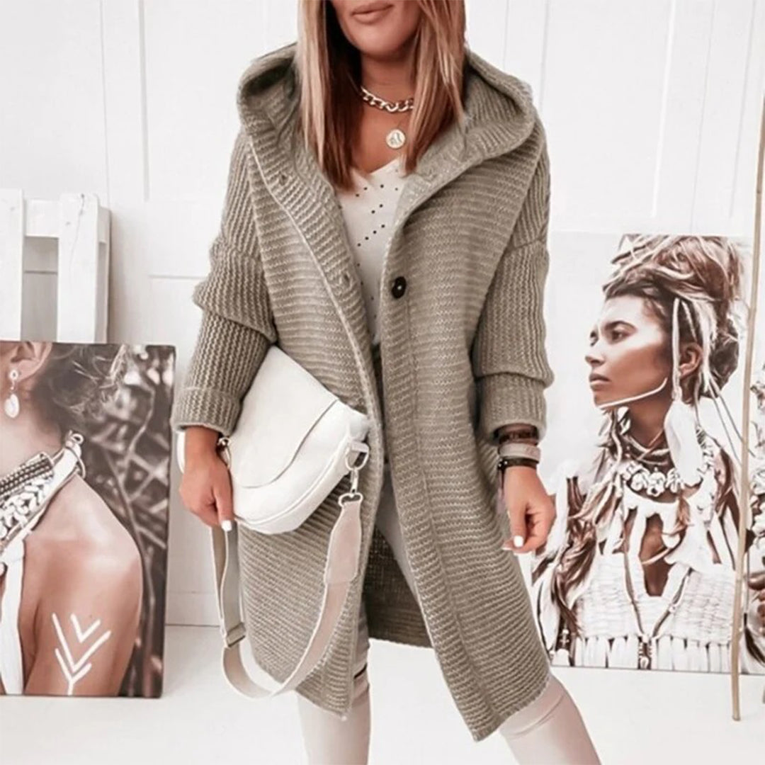 Women's hooded open-front cardigan in cozy knit with relaxed long silhouette and draped winter warmth