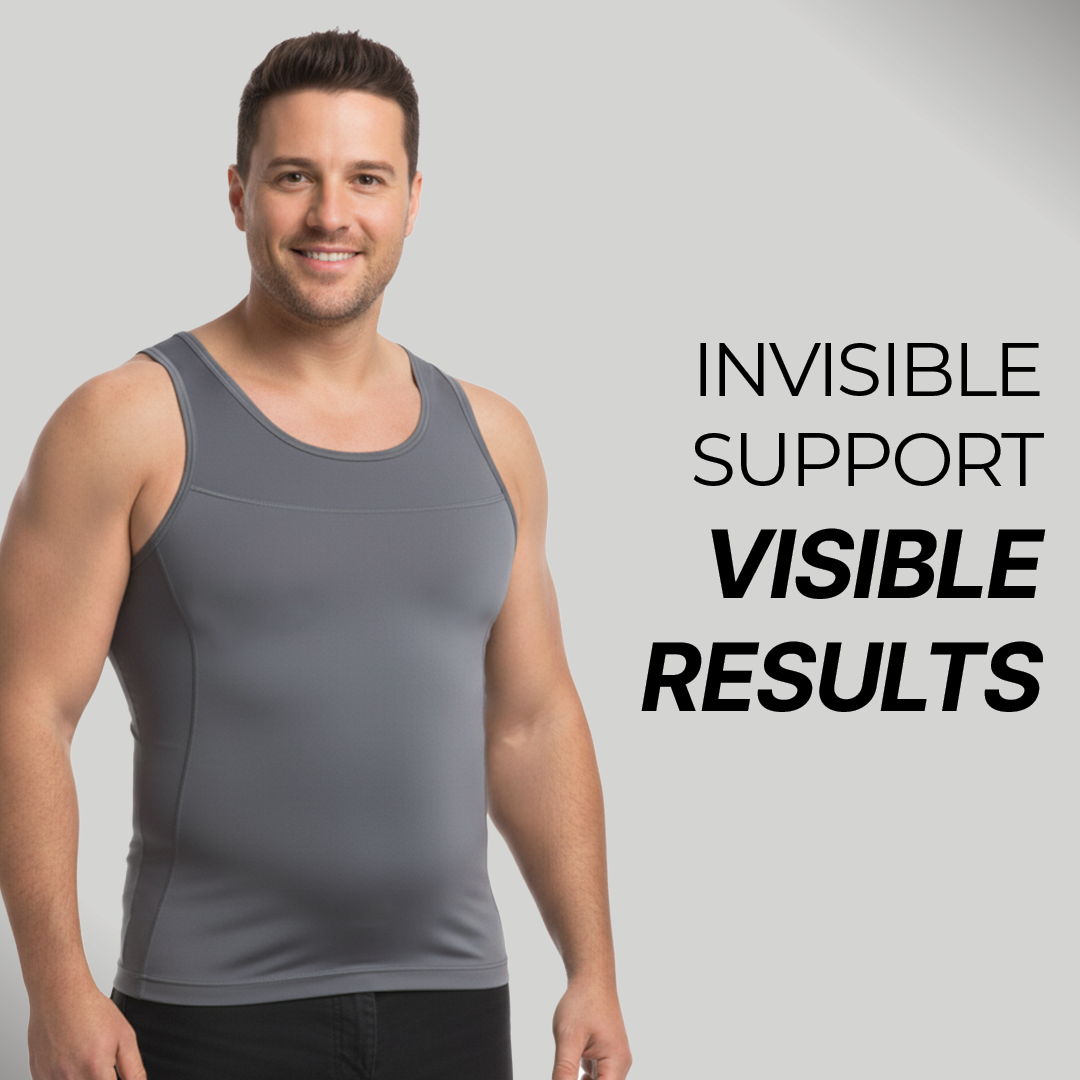 Men's grey supportive tank top with targeted chest support panels and non-roll hem for a smooth silhouette