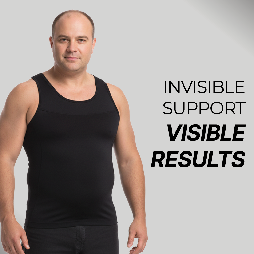 Lane men's black supportive tank top with targeted chest support panels for a smooth silhouette