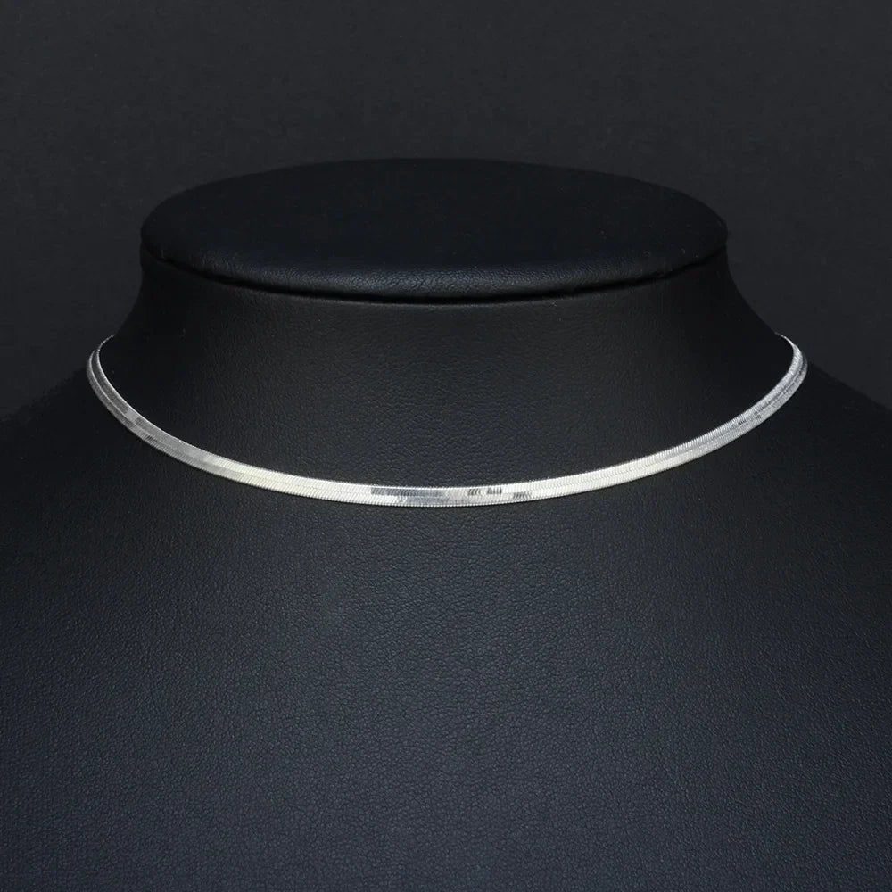 Kinsley flat herringbone chain choker necklace in silver stainless steel with sleek lightweight design