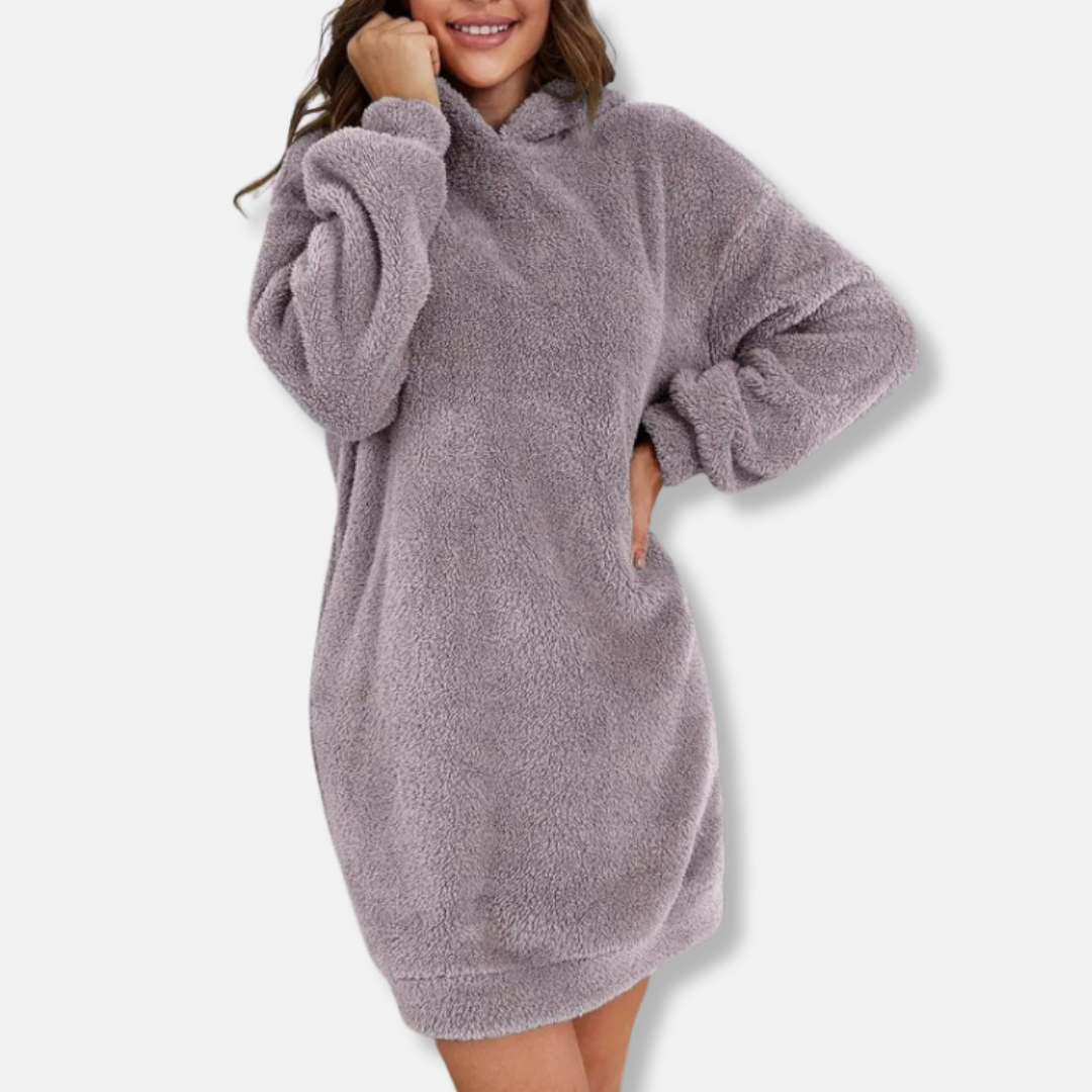 Women's oversized fleece hoodie mini dress long sleeve lounge wear with ribbed cuffs