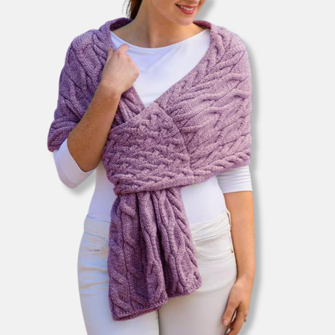 Women's long wool shawl scarf in cable knit pattern with draped silhouette for elegant coverage