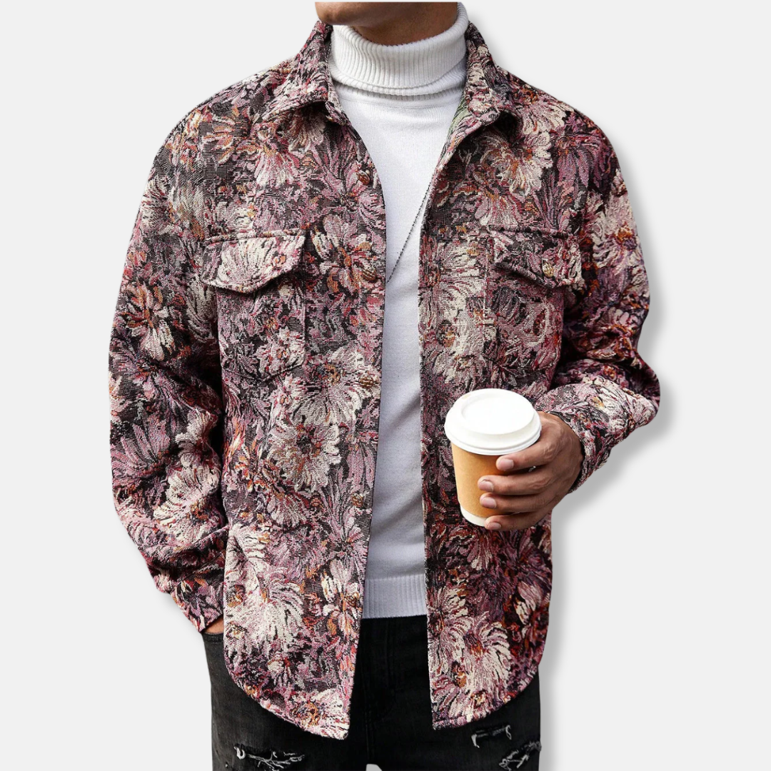 Men's floral jacquard jacket woven texture relaxed fit utility style everyday wear