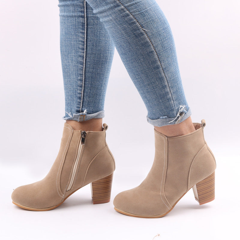 Women's casual black high heel ankle boots with block heel and zip closure