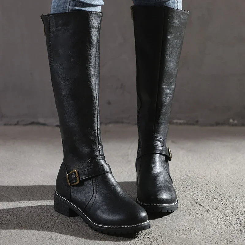Women's black knee-high boots tailored fit structured PU leather with buckle detail