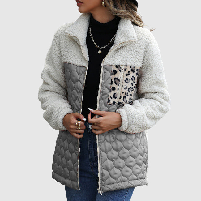 Women's quilted patchwork winter jacket sherpa feel leopard detail cozy plush satin panels
