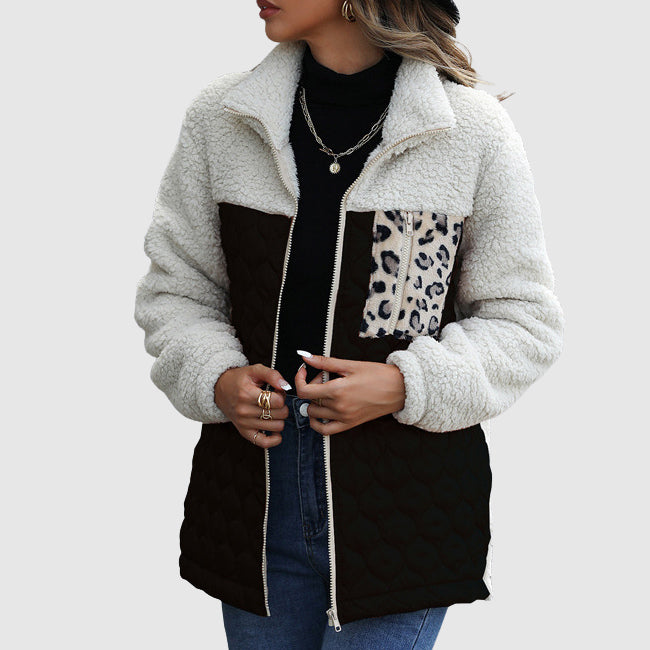 Women's quilted patchwork winter jacket sherpa feel leopard detail cozy plush warm stylish coat