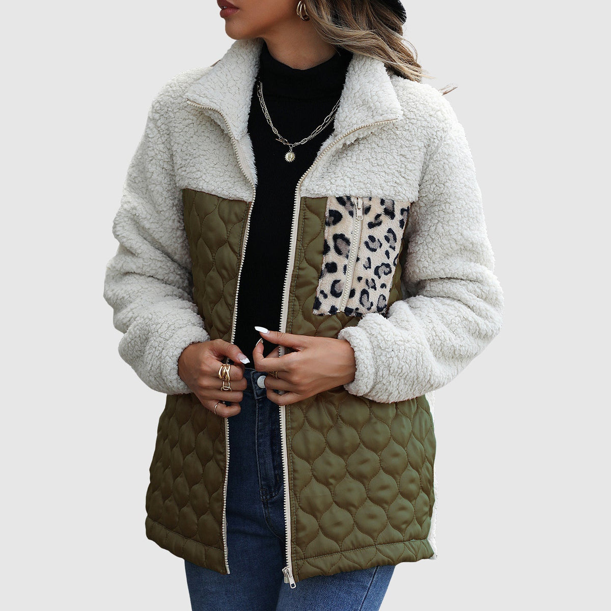 Women's quilted patchwork winter jacket sherpa feel leopard detail cozy warm plush satin panels