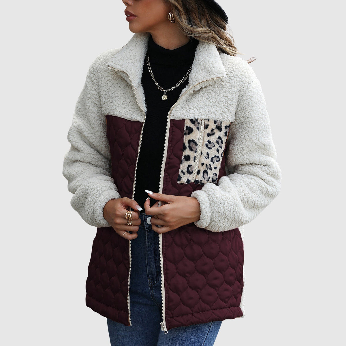 Women's quilted patchwork winter jacket sherpa feel leopard detail cozy plush warm