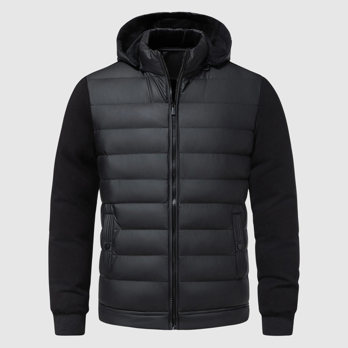 Men's two-tone gray and black puffer jacket with quilted exterior, insulated hood, and contrast sleeves