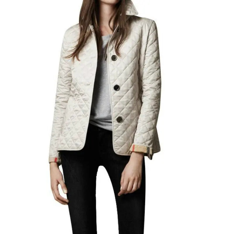 Women's quilted button-up jacket tailored fit with distinctive checked sleeve cuffs