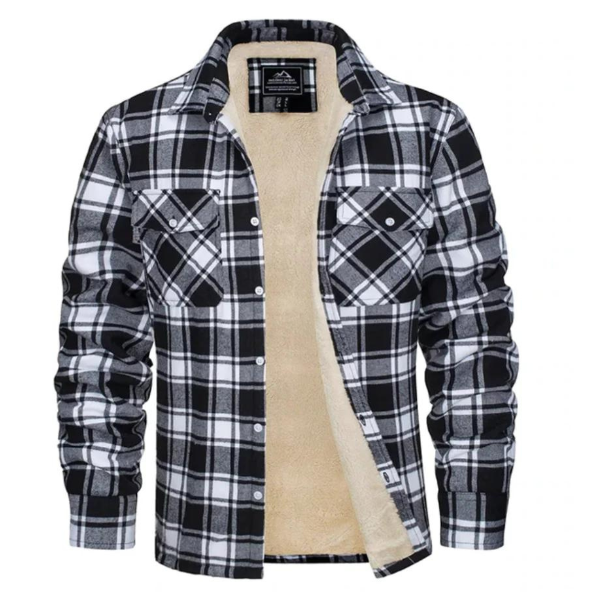Men's black and white checkered fleece jacket with warm insulated lining, casual winter style