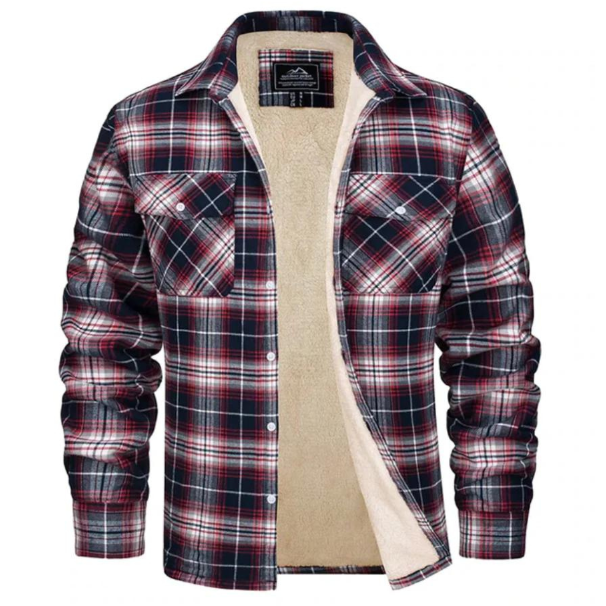 Men's black and white checkered fleece jacket with warm insulated lining, casual winter style